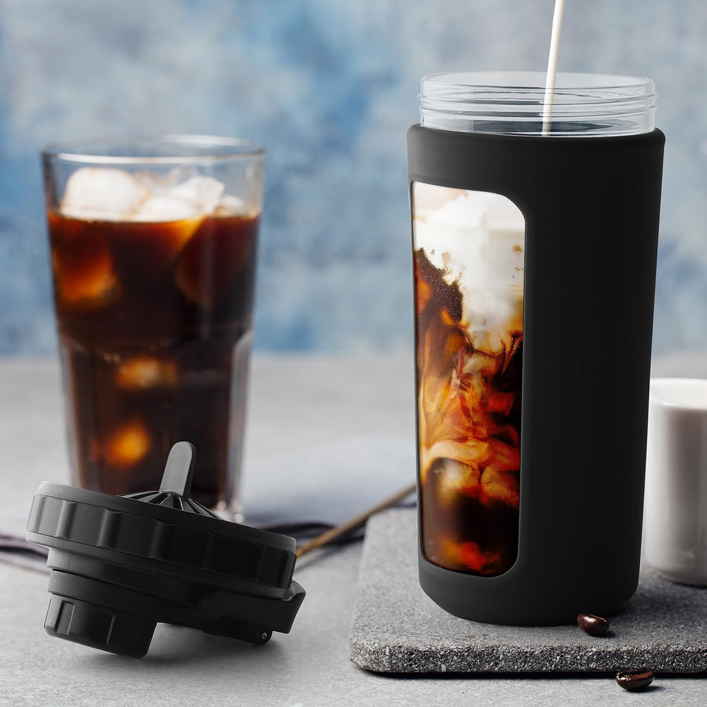 BYLWORKOUT Glass Shaker Bottle Holds upto 28oz | No Blending Ball or Whisk | Removable Plastic Mixer Included | Portable Drink Water Bottle Glass with Silicone Sleeve (White)