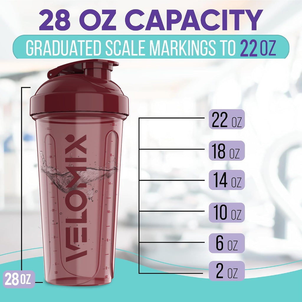 VELOMIX -4 PACK- 28 oz Protein Shaker Bottle for Protein Mixes - 4x Wire Whisk | Leak Proof Shaker Cups for Protein Shakes | Protein Shaker Bottle Pack | Protein Shake Cup (Brown)
