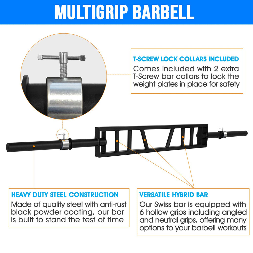 Yes4All Multi Grip Barbell & Cable Attachment - Swiss Bar, American Bar for Greater Range of Motion, with 2 Collars, Fits Olympic Weight Plates - Home Gym & Support Pressing, Lifting & Curls