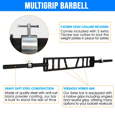 Yes4All Multi Grip Barbell & Cable Attachment - Swiss Bar, American Bar for Greater Range of Motion, with 2 Collars, Fits Olympic Weight Plates - Home Gym & Support Pressing, Lifting & Curls