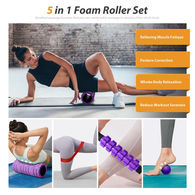 5 in1 Foam Roller Set, Trigger Point Foam Roller, Massage Roller Stick, Massage Ball, Resistance Band for Deep Muscle Massage Pilates Yoga,Fitness Exercise for Whole Body (Black-Red)