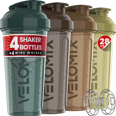 VELOMIX -4 PACK- 28 oz Protein Shaker Bottle for Protein Mixes - 4x Wire Whisk | Leak Proof Shaker Cups for Protein Shakes | Protein Shaker Bottle Pack | Protein Shake Cup (Brown)