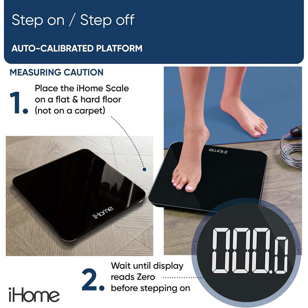 iHome Digital Bluetooth Smart Scale for Body Weight, Weight Scale, Including BMI, Body Fat, Muscle Mass, Batteries Included (Black Smart Bluetooth)