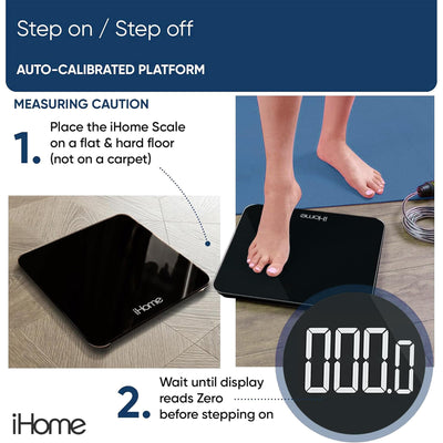 iHome Digital Bluetooth Smart Scale for Body Weight, Weight Scale, Including BMI, Body Fat, Muscle Mass, Batteries Included (Black Smart Bluetooth)