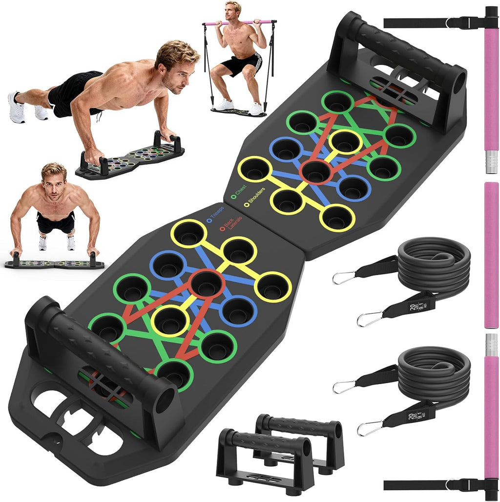 Push Up Board Bar Kit with Resistance Bands, Portable Pilates Bar for Fitness, Home Workout Gym System, Foldable Exercise Equipment for Full Body Training, Men & Women
