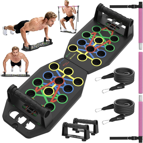 Push Up Board Bar Kit with Resistance Bands, Portable Pilates Bar for Fitness, Home Workout Gym System, Foldable Exercise Equipment for Full Body Training, Men & Women