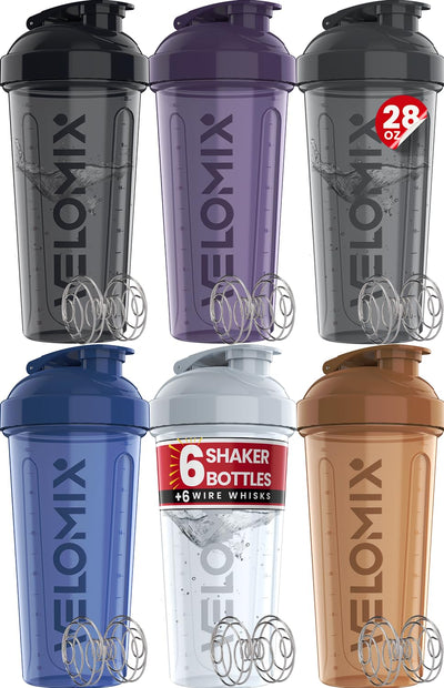 VELOMIX -6 PACK- 28 oz Protein Shaker Bottle for Protein Mixes - 6x Wire Whisk | Leak Proof Shaker Cups for Protein Shakes | Protein Shaker Bottle Pack | Protein Shake Cup (Earth Tones Collection)