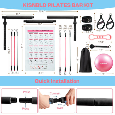Pilates Bar Kit with Resistance Bands, Multifunctional Pilates Bar with 3 Set Exercise Resistance Bands, Portable Pilates Equipment for Women Home Gym Yoga Workouts