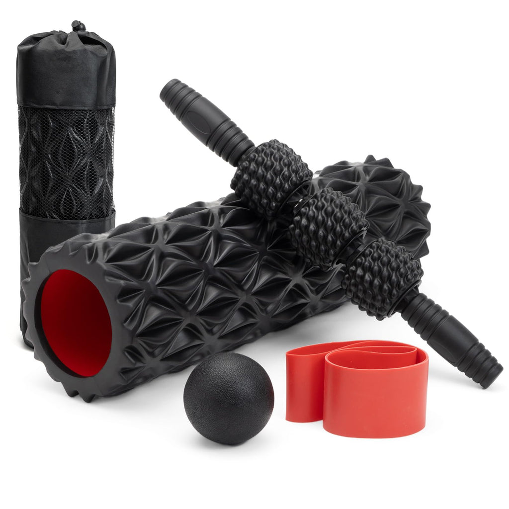 5 in1 Foam Roller Set, Trigger Point Foam Roller, Massage Roller Stick, Massage Ball, Resistance Band for Deep Muscle Massage Pilates Yoga,Fitness Exercise for Whole Body (Black-Red)