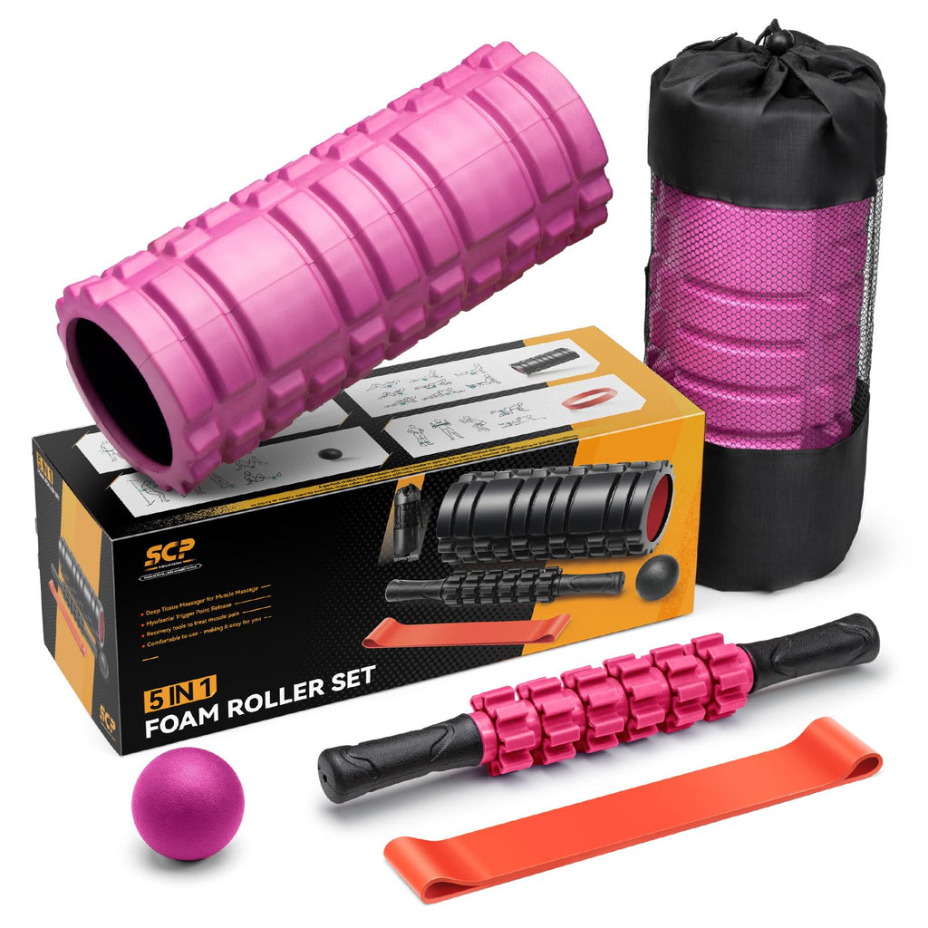 5 in1 Foam Roller Set, Trigger Point Foam Roller, Massage Roller Stick, Massage Ball, Resistance Band for Deep Muscle Massage Pilates Yoga,Fitness Exercise for Whole Body (Black-Red)