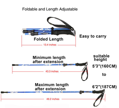 Aluminum Collapsible Ultralight Travel Trekking Hiking Pole for Men and Women (Fits 5'3" - 6'2")