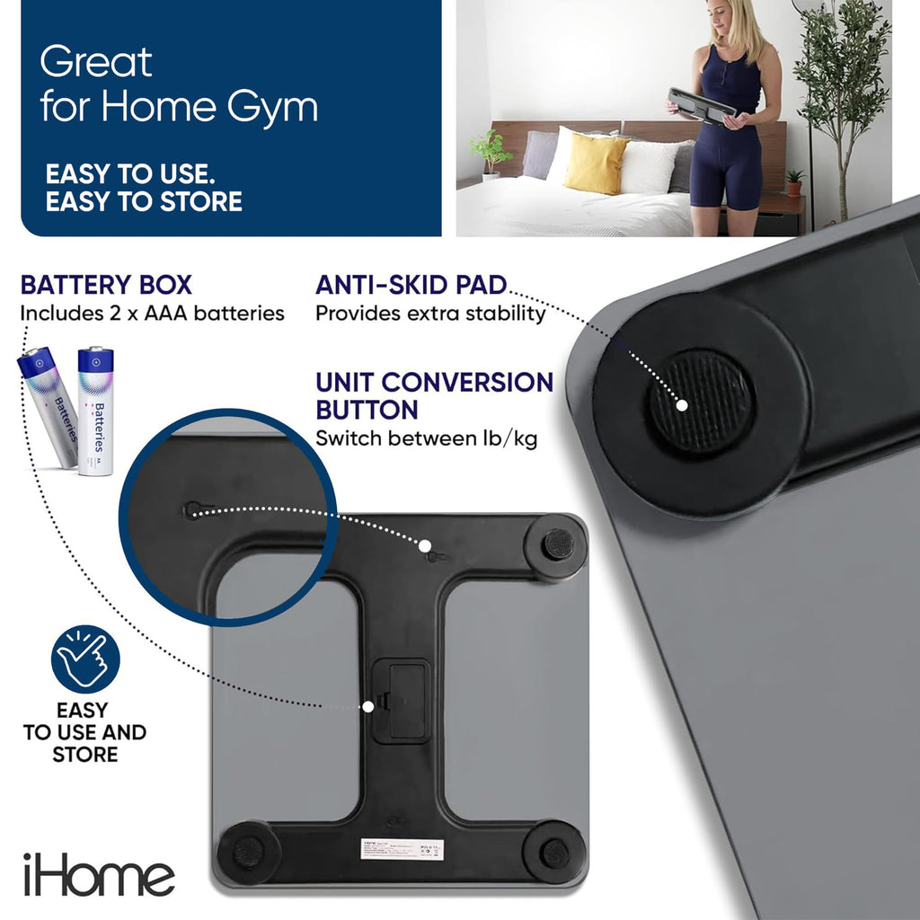 iHome Digital Bluetooth Smart Scale for Body Weight, Weight Scale, Including BMI, Body Fat, Muscle Mass, Batteries Included (Black Smart Bluetooth)