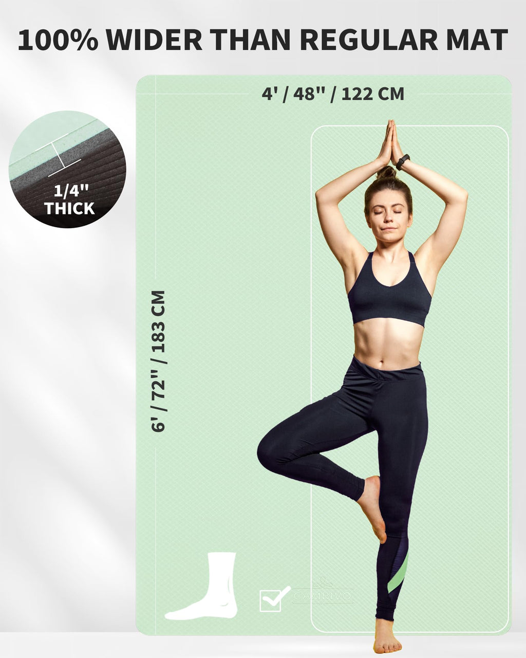 CAMBIVO Large Yoga Mat (6'x 4'), Extra Wide Workout Mat for Men and Women, Yoga Mat Thick 1/3 &1/4 Exercise Mats for Home Workout, Yoga, Pilates (Black,1/4 inch)