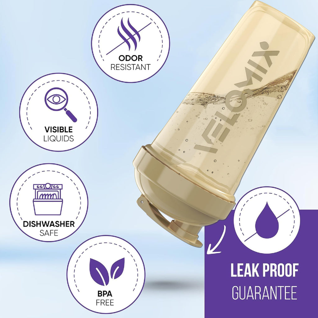 VELOMIX -4 PACK- 28 oz Protein Shaker Bottle for Protein Mixes - 4x Wire Whisk | Leak Proof Shaker Cups for Protein Shakes | Protein Shaker Bottle Pack | Protein Shake Cup (Brown)