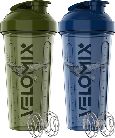 VELOMIX -2 Pack- 28 oz Protein Shaker Bottles for Protein Mixes - 2x Wire Whisk | Leak Proof Shaker Cups for Protein Shakes | Protein Shaker Bottle Pack (Black/Transparent)