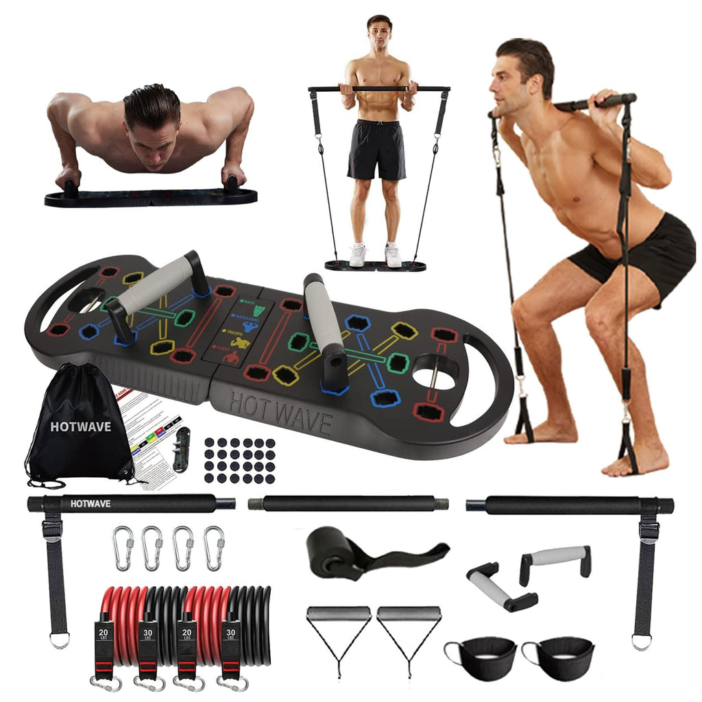 HOTWAVE Portable Exercise Equipment with 16 Gym Accessories,20 in 1 Push Up Board Fitness,Resistance Bands with Ab Roller Wheel,at Home Workout for Men