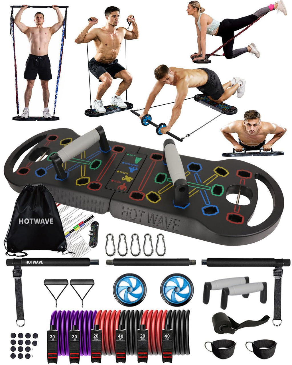 HOTWAVE Portable Exercise Equipment with 16 Gym Accessories,20 in 1 Push Up Board Fitness,Resistance Bands with Ab Roller Wheel,at Home Workout for Men