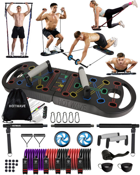 HOTWAVE Portable Exercise Equipment with 16 Gym Accessories,20 in 1 Push Up Board Fitness,Resistance Bands with Ab Roller Wheel,at Home Workout for Men