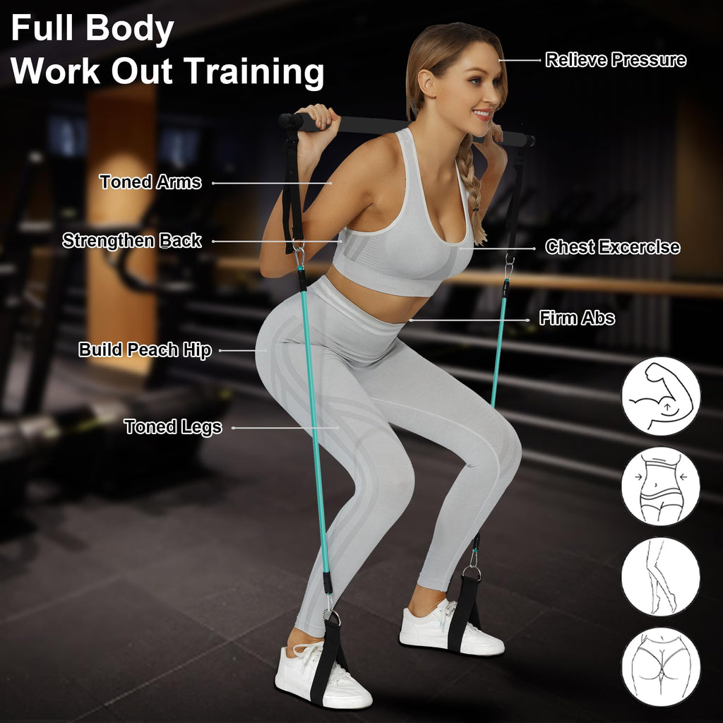 Portable Pilates Bar Kit with Resistance Bands for Men and Women - 3 Set Exercise Resistance Bands - Multifunctional Home Gym - Supports Full-Body Workouts – with Fitness Poster and Video