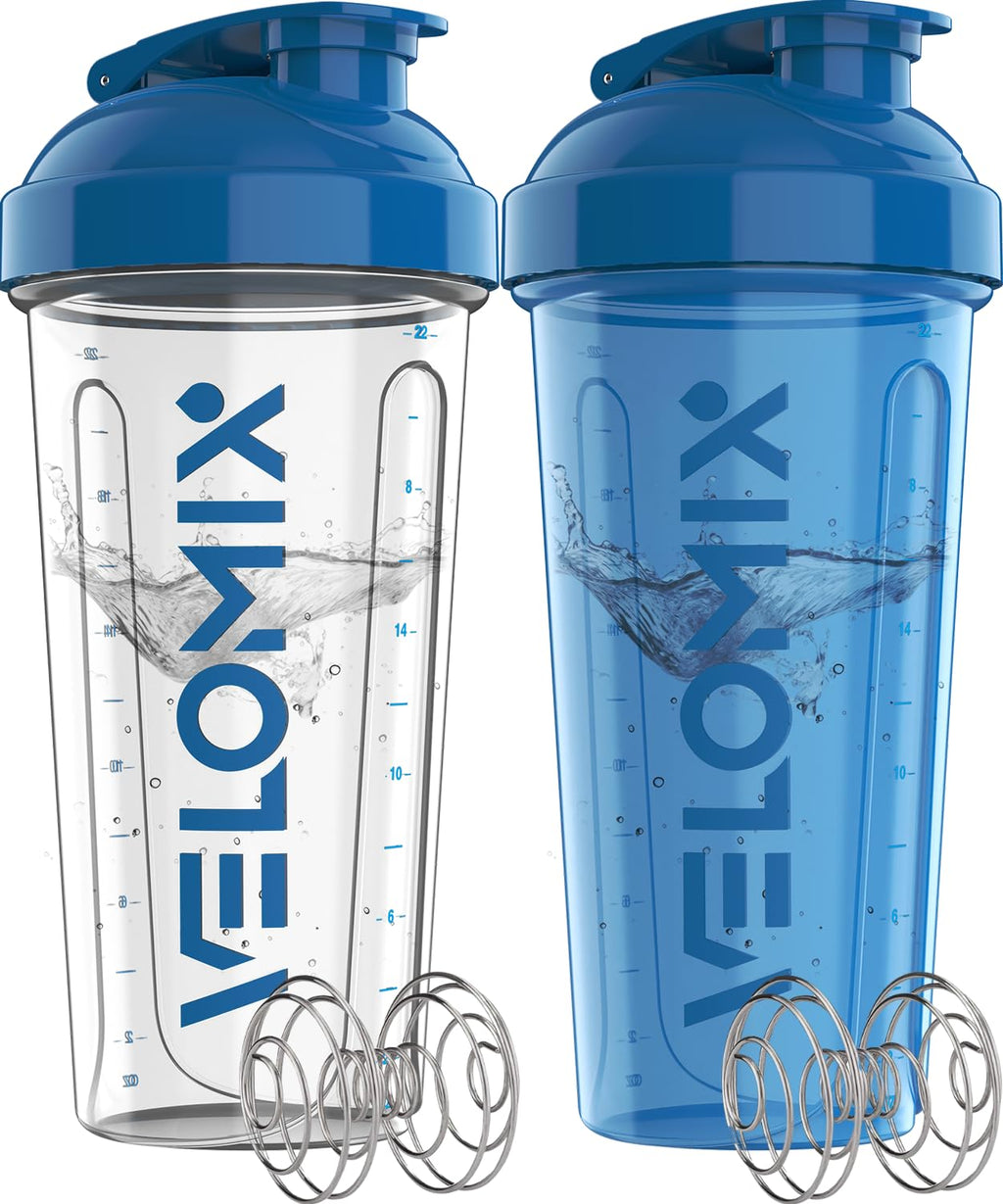 VELOMIX -2 Pack- 28 oz Protein Shaker Bottles for Protein Mixes - 2x Wire Whisk | Leak Proof Shaker Cups for Protein Shakes | Protein Shaker Bottle Pack (Black/Transparent)
