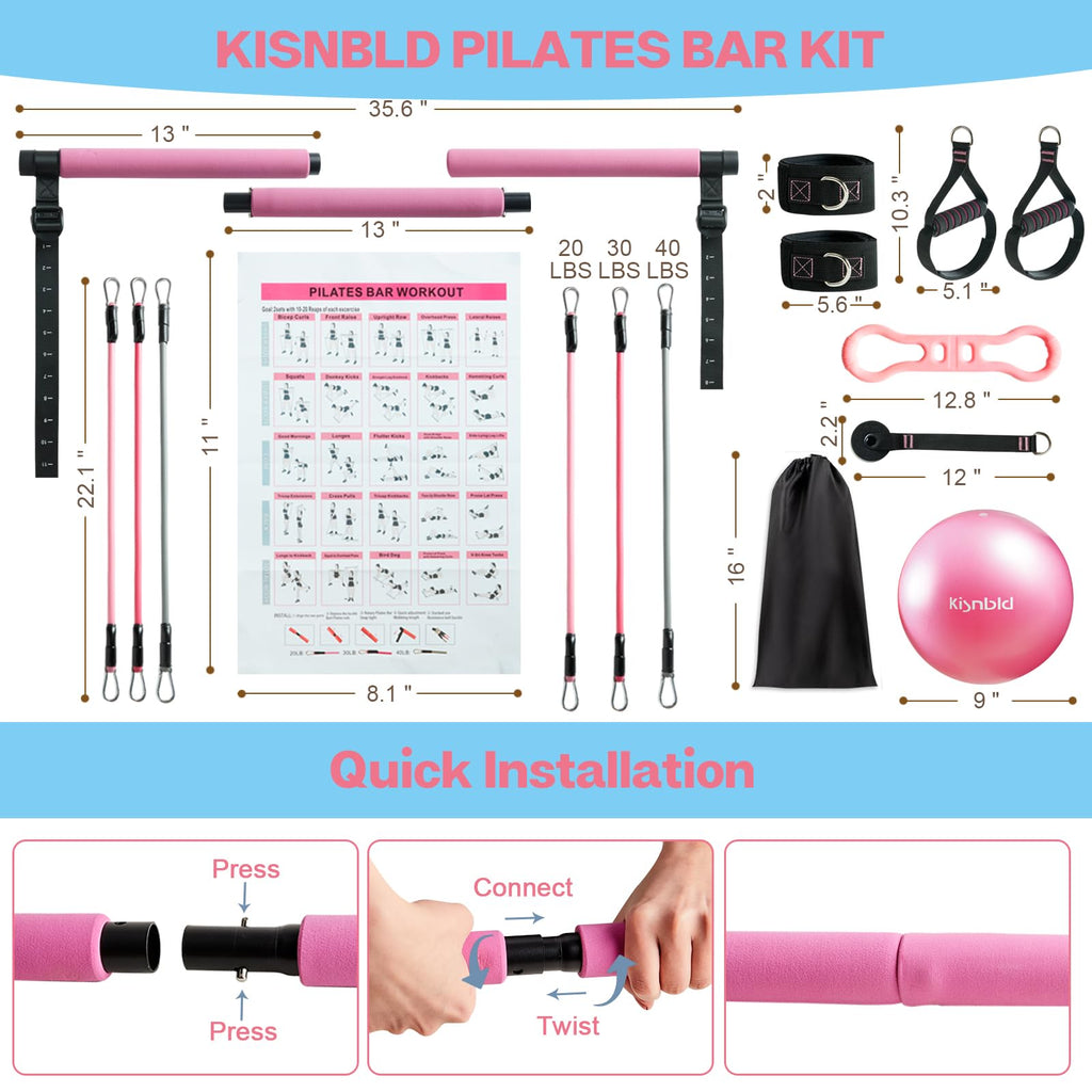 Pilates Bar Kit with Resistance Bands, Multifunctional Pilates Bar with 3 Set Exercise Resistance Bands, Portable Pilates Equipment for Women Home Gym Yoga Workouts