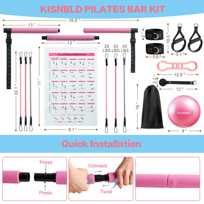 Pilates Bar Kit with Resistance Bands, Multifunctional Pilates Bar with 3 Set Exercise Resistance Bands, Portable Pilates Equipment for Women Home Gym Yoga Workouts