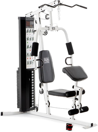 Marcy Home Gym Workout Station with Curl Pad, Lat Pulldown, Leg Developer & Weights, White
