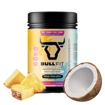 BULLFIT Pre Workout Powder, Pina Coolada Flavor, Pre-Workout Support for Men & Women, L Citrulline, Creatine, Beta Alanine & Electrolytes, Powdered Drink Mix with No Sucralose & Zero Sugar, 20 Srvgs