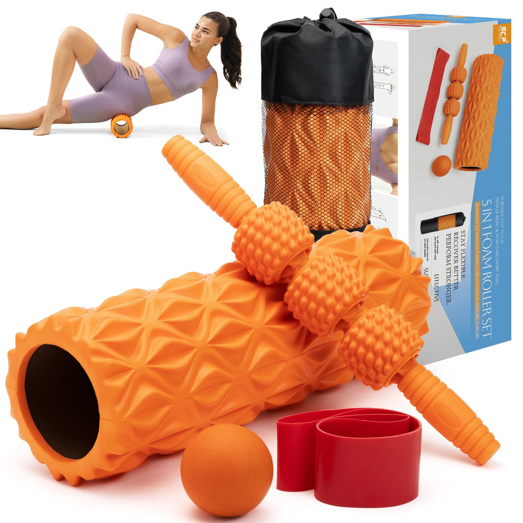 5 in1 Foam Roller Set, Trigger Point Foam Roller, Massage Roller Stick, Massage Ball, Resistance Band for Deep Muscle Massage Pilates Yoga,Fitness Exercise for Whole Body (Black-Red)