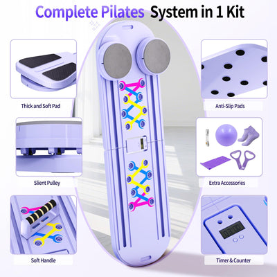 Pilates Board, Foldable Pilates Reformer Set for Home Workout with Timer, Multifunctional Portable Reformer Pilates Machine at Home Pilates Equipment