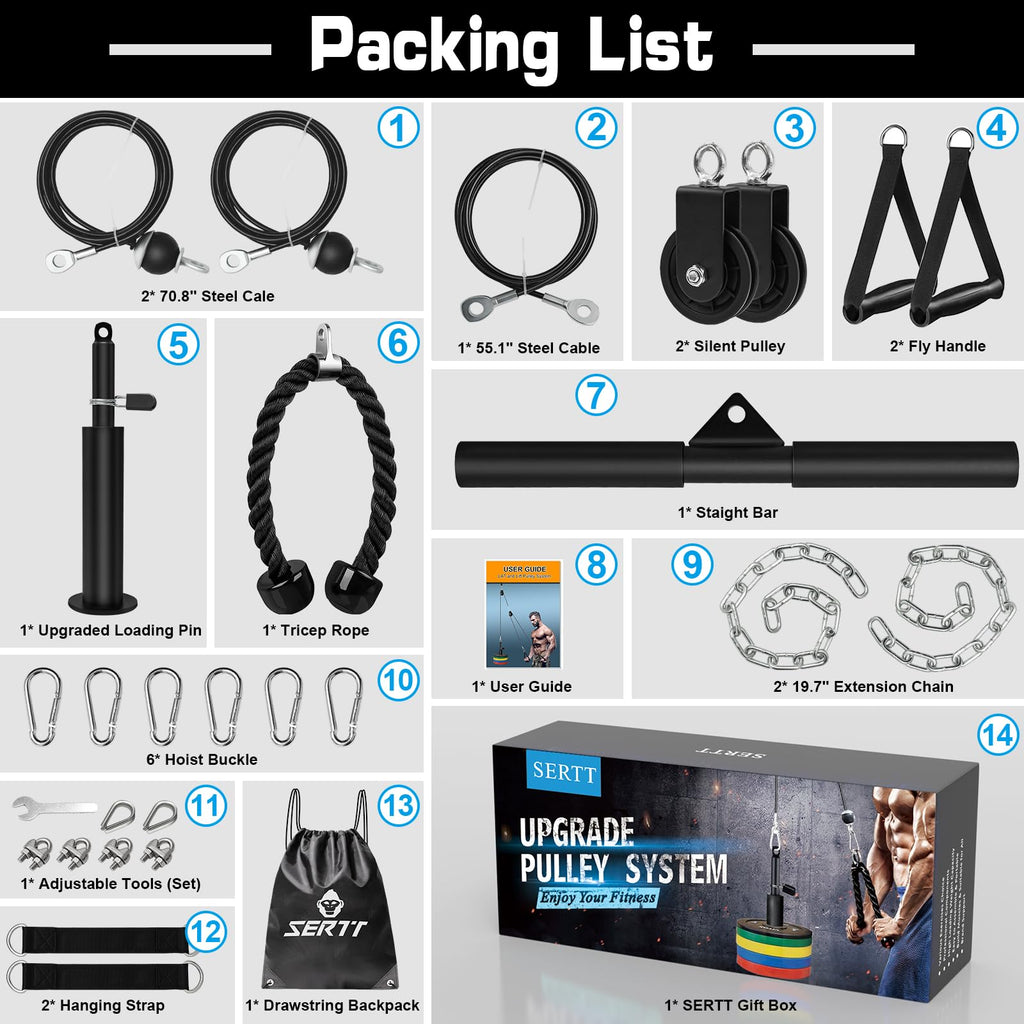 SERTT Weight Cable Pulley System Gym, Upgraded Cable Pulley Attachments for LAT Pull Down, Biceps Curl, Tricep, Arm Workouts - Home Gym Add On Equipment