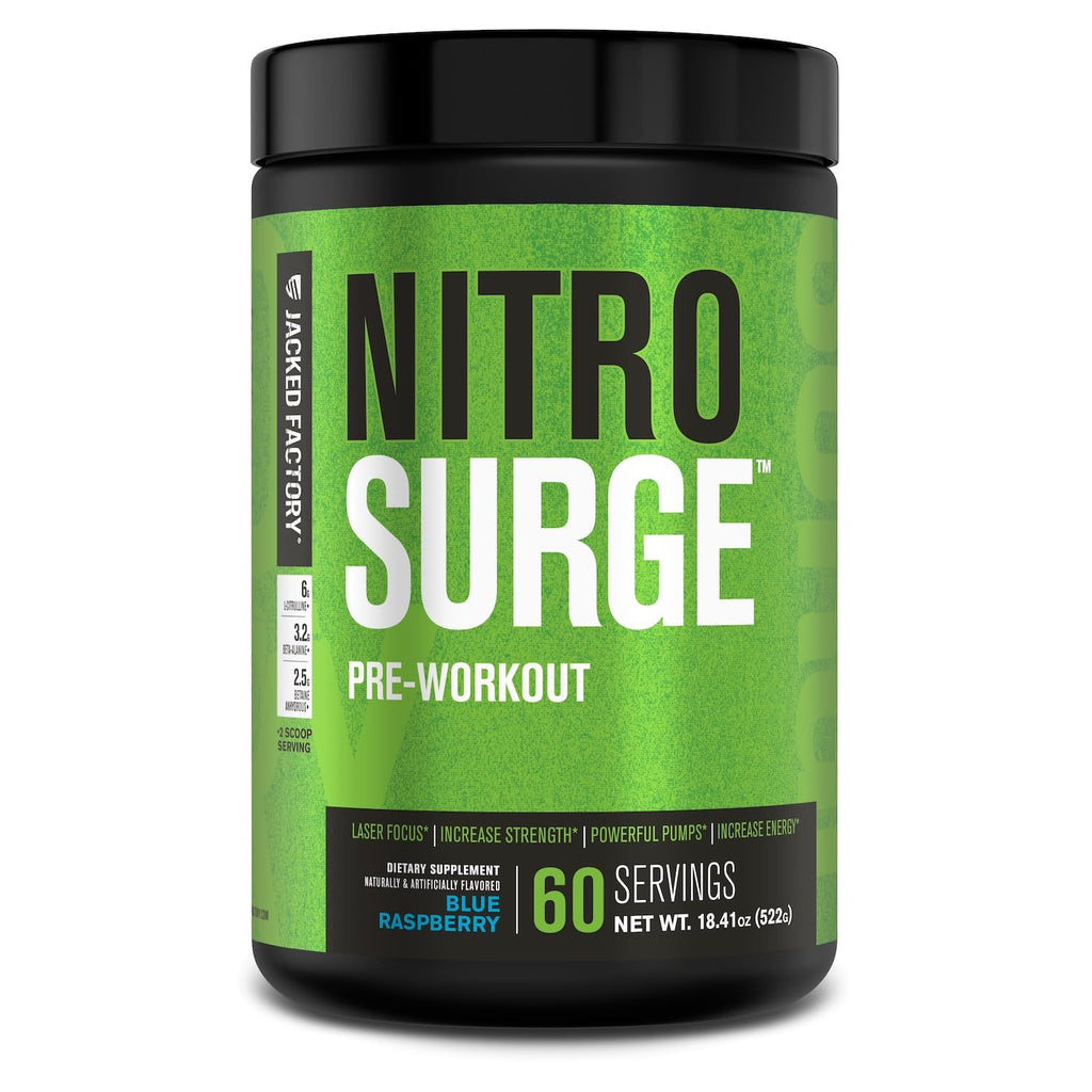 Jacked Factory NITROSURGE Pre Workout Supplement - Endless Energy, Instant Strength Gains, Clear Focus, Intense Pumps - NO Booster & Preworkout Powder with Beta Alanine - 30 Servings, Cherry Limeade