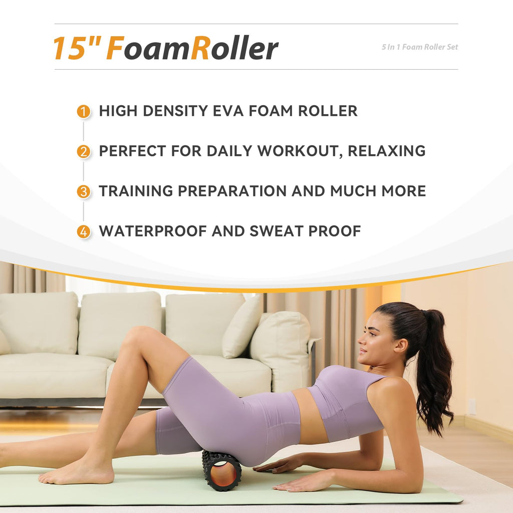 5 in1 Foam Roller Set, Trigger Point Foam Roller, Massage Roller Stick, Massage Ball, Resistance Band for Deep Muscle Massage Pilates Yoga,Fitness Exercise for Whole Body (Black-Red)