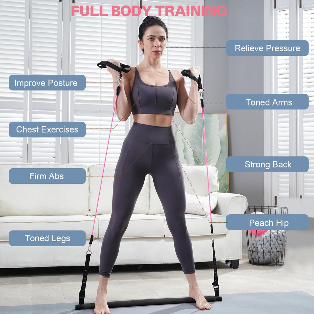 Pilates Bar Kit with Resistance Bands, Multifunctional Pilates Bar with 3 Set Exercise Resistance Bands, Portable Pilates Equipment for Women Home Gym Yoga Workouts