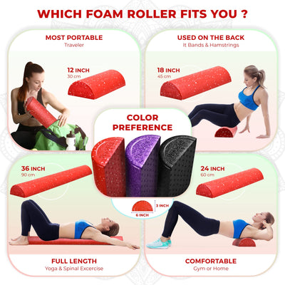 Yes4All High-Density EPP Half Round Back Roller Foam, Exercise Foam Roller for Yoga, Pilates & Stretching - 12, 18, 24, 36 inch