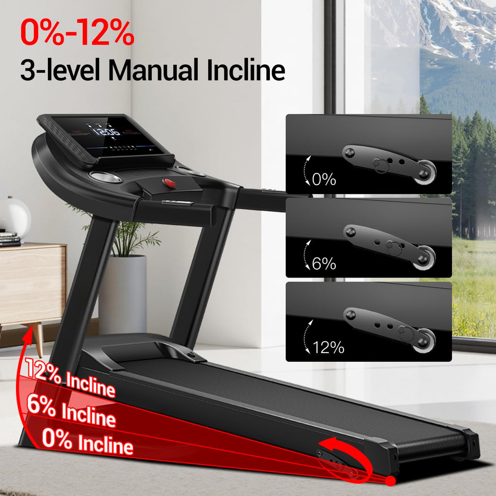 12% Incline Treadmill with Handle, 3-in-1 Portable Treadmills for Home and Office, Foldable Treadmills with 300 Lbs Weight Capacity, 3.0HP Quiet Walking Pad Treadmill, Three Touch Screen