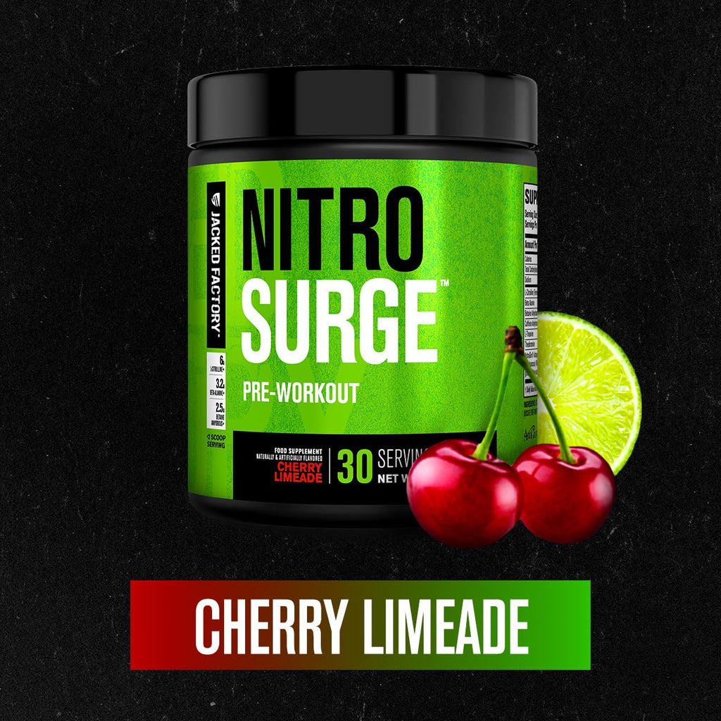 Jacked Factory NITROSURGE Pre Workout Supplement - Endless Energy, Instant Strength Gains, Clear Focus, Intense Pumps - NO Booster & Preworkout Powder with Beta Alanine - 30 Servings, Cherry Limeade