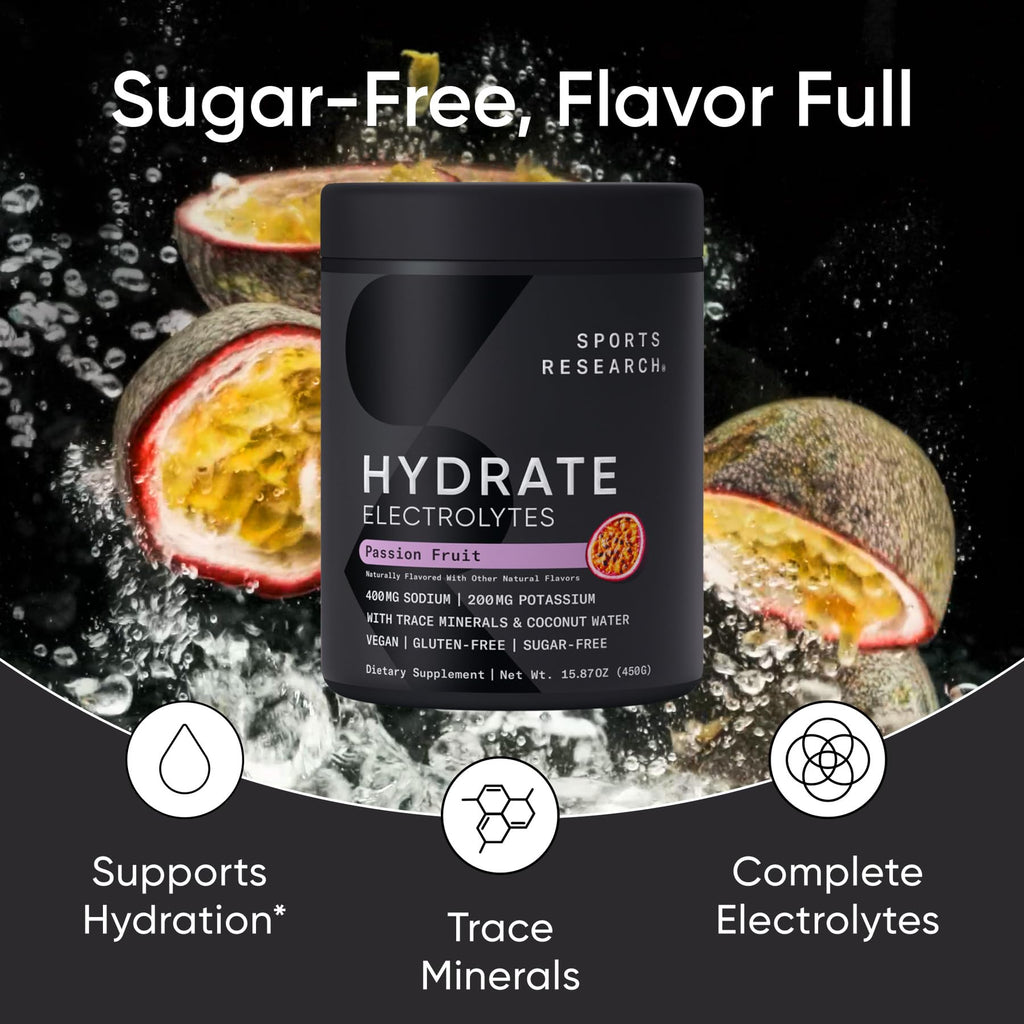Sports Research® Hydrate Electrolytes Powder - Sugar-Free & Naturally Flavored with Vitamins, Minerals, and Coconut Water - Supports Hydration - Raspberry Lemonade - 90 Servings