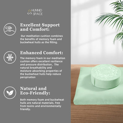 Meditation Zafu Cushion Set with Buckwheat Hulls & Memory Foam - Ergonomic Support for Yoga & Sitting - Removable Machine-Washable Luxury Velvet Cover - for Adults and Kids (Blue)