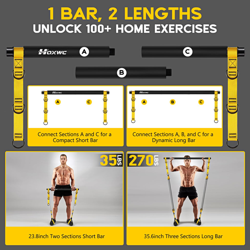Pilates Equipment, Portable Pilates Bar Kit with Resistance Bands, Professional Adjustable Heavy Duty Squat Workout Equipment for Men, Home Gym Muscle Strength Training, Full Body Exercise