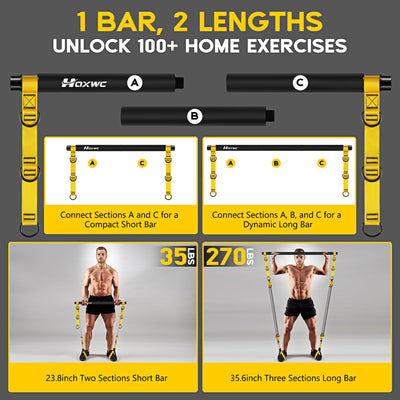 Pilates Equipment, Portable Pilates Bar Kit with Resistance Bands, Professional Adjustable Heavy Duty Squat Workout Equipment for Men, Home Gym Muscle Strength Training, Full Body Exercise