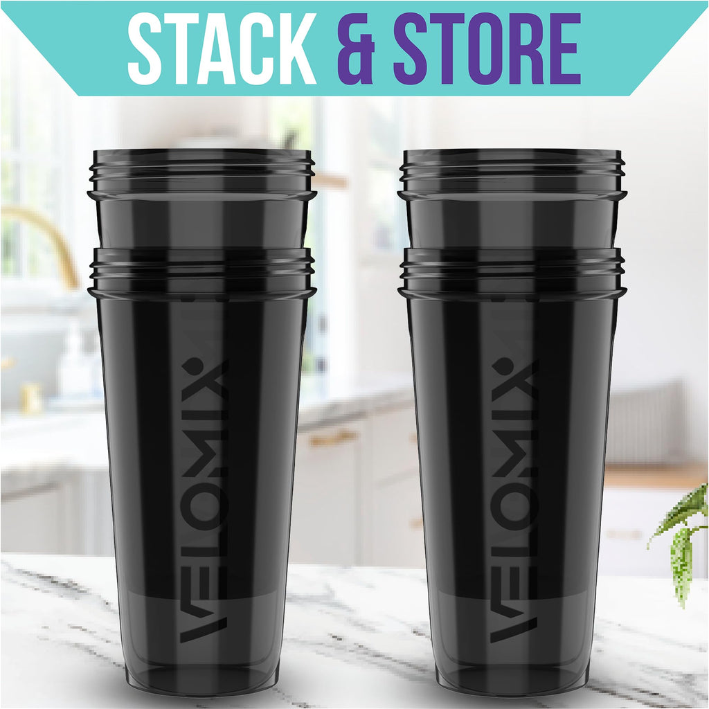 VELOMIX -4 PACK- 28 oz Protein Shaker Bottle for Protein Mixes - 4x Wire Whisk | Leak Proof Shaker Cups for Protein Shakes | Protein Shaker Bottle Pack | Protein Shake Cup (Brown)