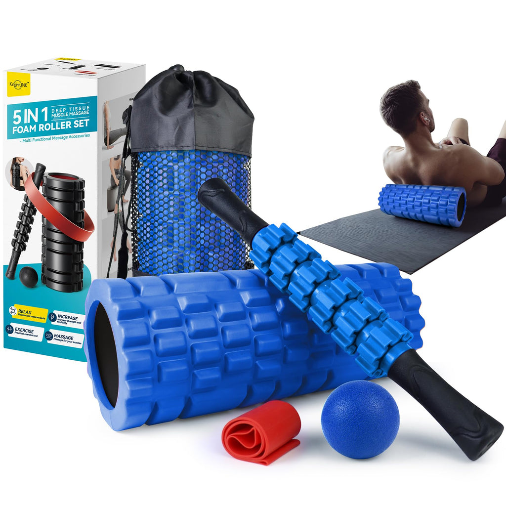5 in1 Foam Roller Set for Deep Tissue Muscle Massage, High Density Fitness Exercise Foam Roller, Massage Roller, Massage Ball, Resistance Band, for Whole Body (Black)
