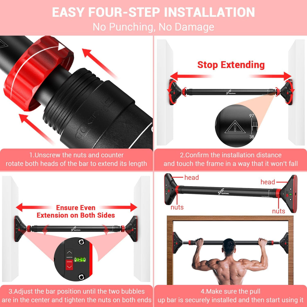 Pull Up Bar for Doorway: Sportneer Strength Training Pull-up Bars without Screw - Adjustable Width Locking Mechanism Chin Up Bar, Thickened Steel Max Limit 440 lbs Upper Body Fitness Pullup Bars for Home (Black-Red)