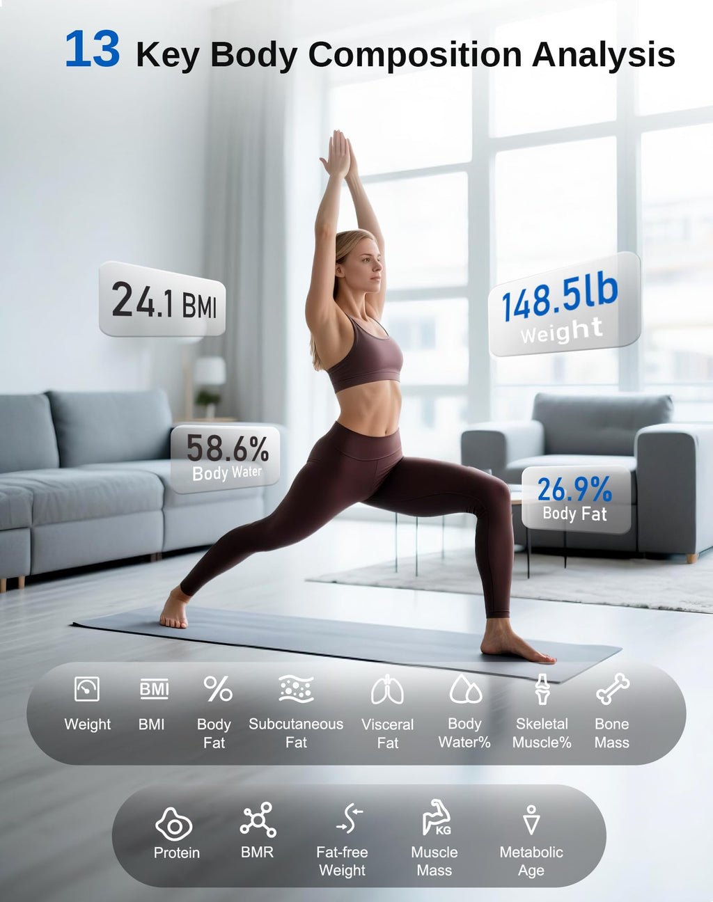 GE Smart Scale for Body Fat, BMI Muscle Mass Digital Bathroom Weight Scales Bluetooth Electronic Body Composition Monitor for People with App Large Display, Accurate 400lb Weighing