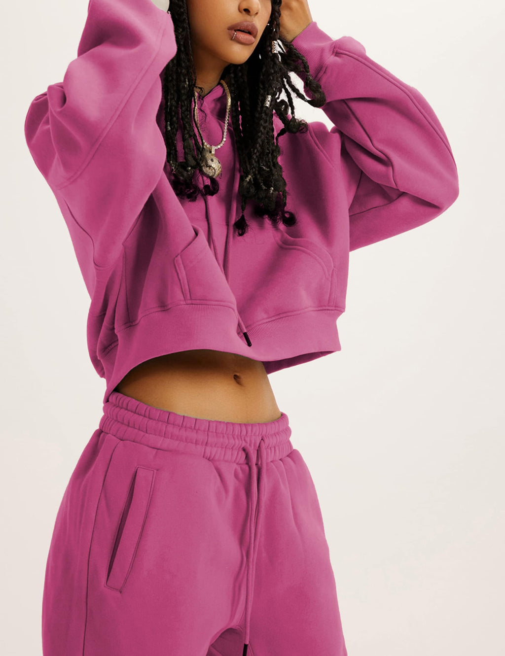 LTSCNRM Women's 2 Piece Airport Outfits Fleece Crop Hoodies Pullover Sweatshirt Sweatsuits Joggers Pants Pockets