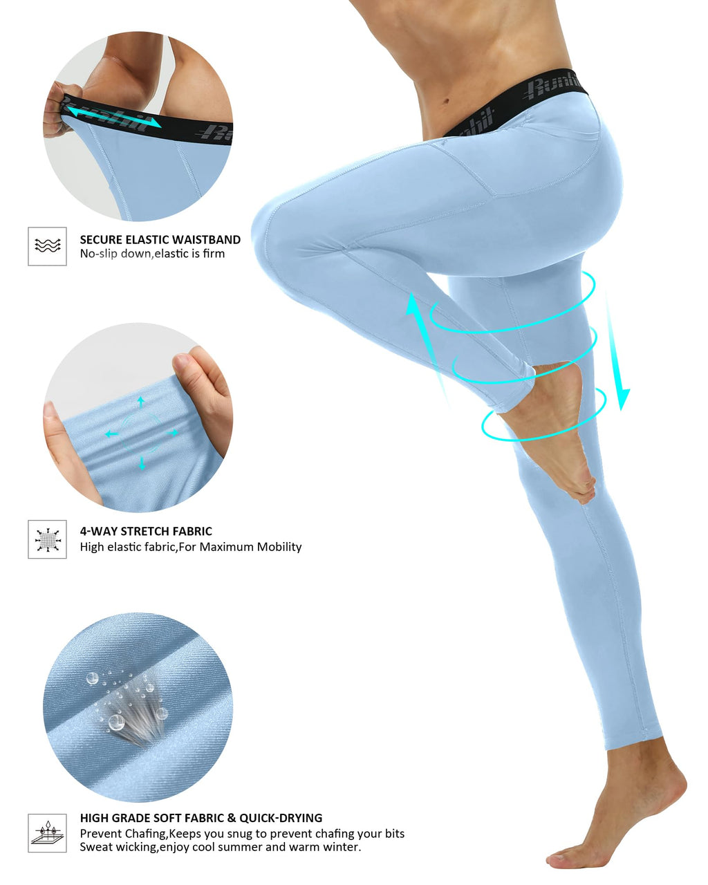 Runhit Mens Compression Pants Running Tights Pockets Sports Leggings Spandex Workout Cycling Athletic Thermal