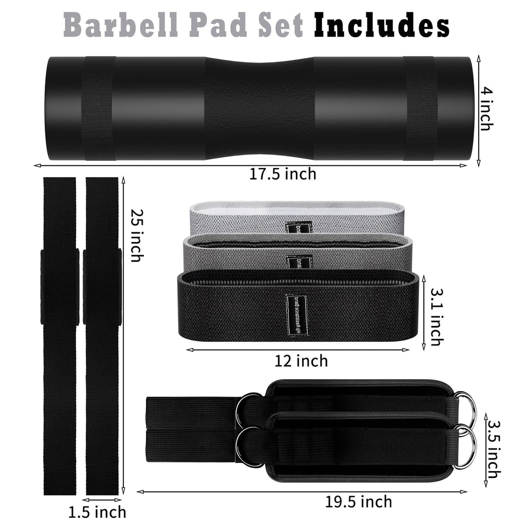 Barbell Pad Set for Squat,10 PCS Hip Thrusts Workout Foam Weight Lifting Bar Cushion with 2 Gym Ankle Straps,3 Hip Resistance Bands,2 Lifting Strap,Barbell Pad and Carry Bag