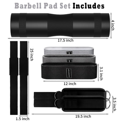 Barbell Pad Set for Squat,10 PCS Hip Thrusts Workout Foam Weight Lifting Bar Cushion with 2 Gym Ankle Straps,3 Hip Resistance Bands,2 Lifting Strap,Barbell Pad and Carry Bag