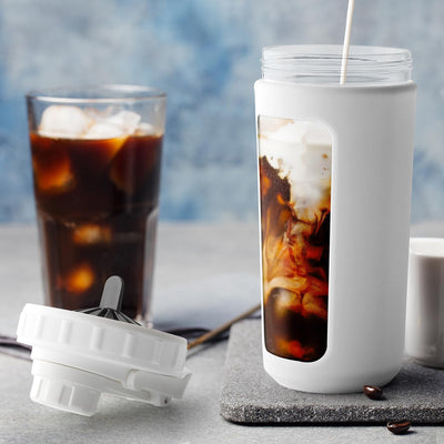 BYLWORKOUT Glass Shaker Bottle Holds upto 28oz | No Blending Ball or Whisk | Removable Plastic Mixer Included | Portable Drink Water Bottle Glass with Silicone Sleeve (White)